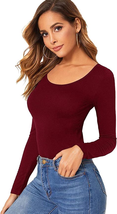 SweatyRocks Womens Long Sleeve Scoop Neck Basic Solid Slim Fit Tee