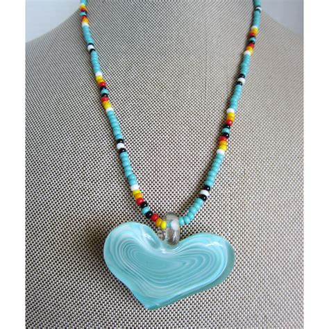 Pretty Turquoise Seed Bead Necklace With Lampwork Glass Heart Pendant