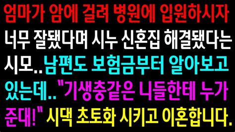 실화사연엄마가 암에 걸려 병원에 입원하자 시누 신혼집 해결됐다며 좋아한 시모와 남편시댁 초토화 시키고 이혼합니다 신청