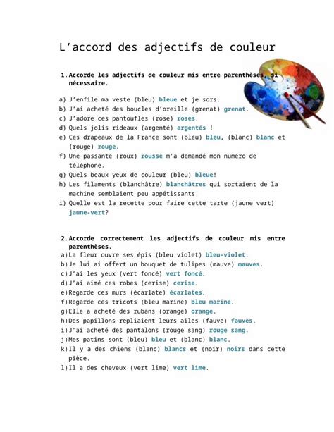 DOCX CORRIGÉ Exercices Adjectifs de Couleur DOKUMEN TIPS