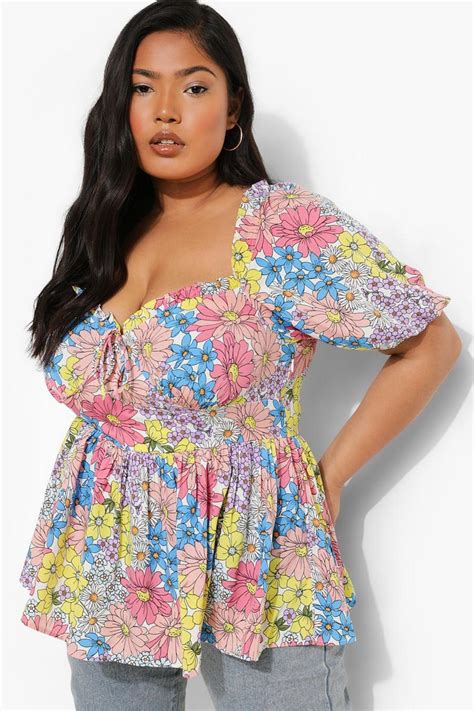 Plus Floral Puff Sleeve Peplum Top Boohoo