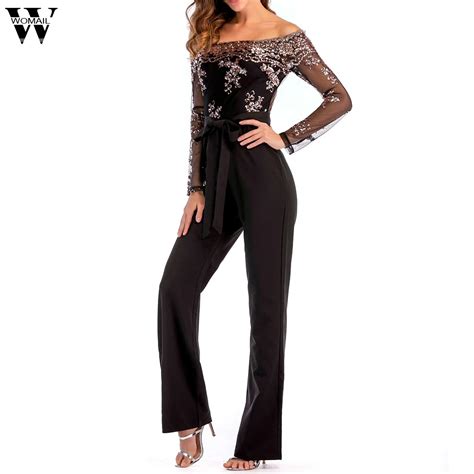 Womail Evening Jumpsuit De Fiesta Mujer Sexy Wide Leg Sequin Mesh