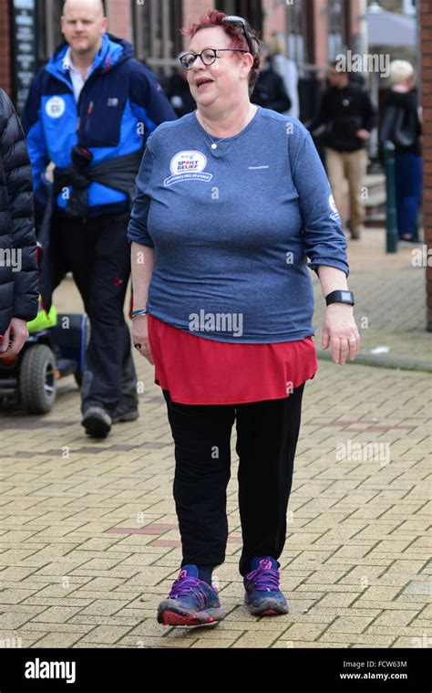 Comedian Jo Brand is shown as her Sport Relief walk 'Jo Brand's Hell of a Walk' passes through ...