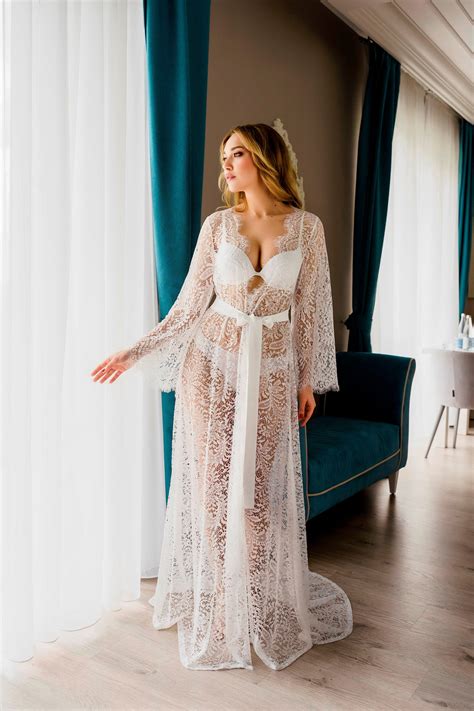 Lace Robe With Train Long Lace Robe Maxi Bridal Robe Sheer Etsy Uk