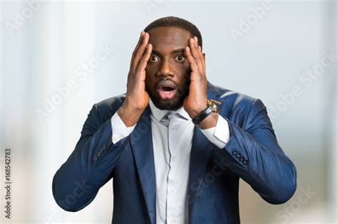 Shocked Afro American Businessman Black Man Hold Hands On Head And