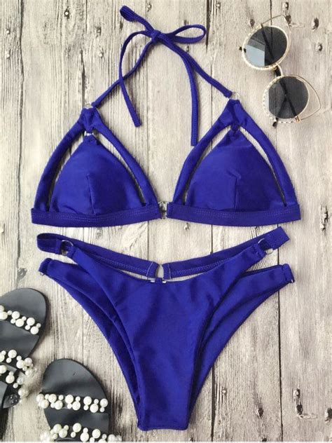 17 OFF 2021 Rings Cutout Caged Bikini Top And Bottoms In BLUE ZAFUL