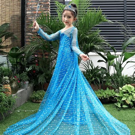 Princess Elsa and Anna Dress Girls long blue roseo dresses Cosplay Costume Kid's Party Dress ...