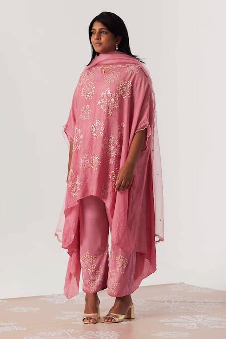 Buy Pink Kaftan Viscose Silk Embroidered Sequin V Neck Floral With Pant