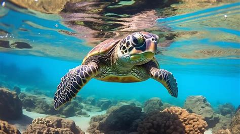 Une Tortue De Mer Verte Nage Devant Un R Cif Corallien Avec Des Coraux