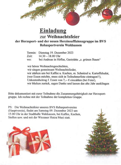 Einladung Zur Weihnachtsfeier Der Herzgruppen Bvs Reha Sportverein