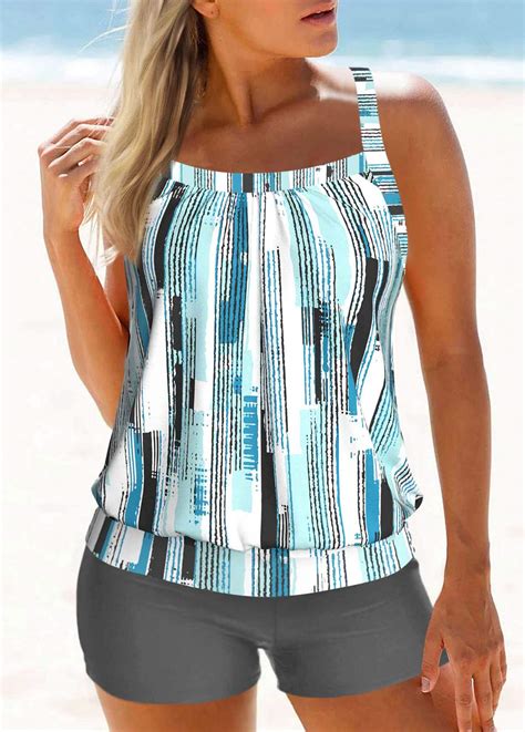 Rotita Patchwork Grey Geometric Print Mid Waisted Tankini Set Rotita