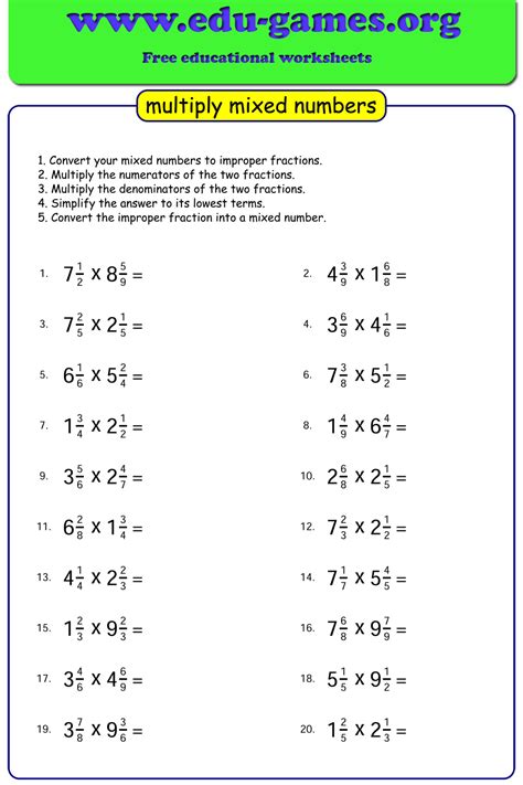 Free Multiplying Mixed Numbers Worksheets