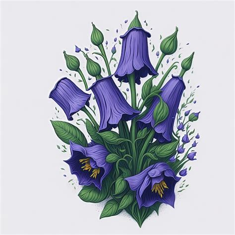 Premium AI Image A Drawing Of Purple Flowers With Green Leaves On A