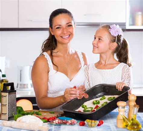 Mother And Daughter Making Pizza Stock Image Image Of Baking Kitchen