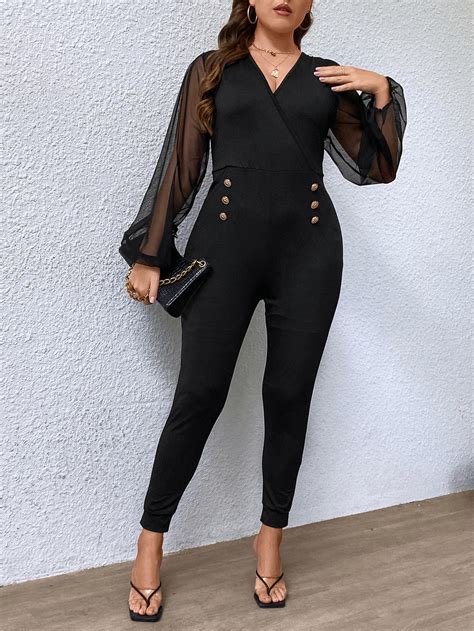 Shein Priv Plus Contrast Mesh Lantern Sleeve Double Breasted Jumpsuit