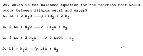 Solved 20. Which is the balanced equation for the reaction | Chegg.com