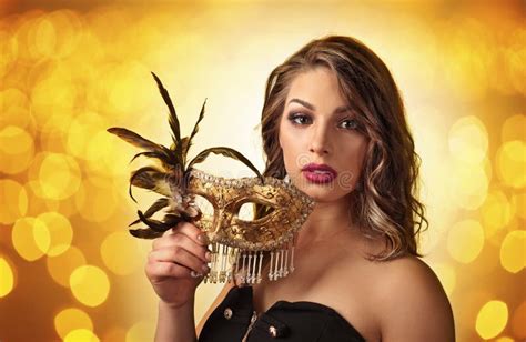 Beautiful Woman With Gold Carnival Mask Stock Image Image Of Mask