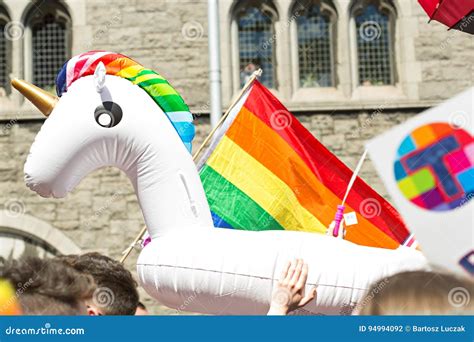 Inflatable Swimming Rainbow Unicorn On Gay Pride Stock Photo Image Of