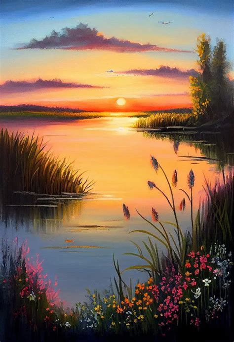 A Painting Of A Sunset Over A Lake With Wildflowers In The Foreground