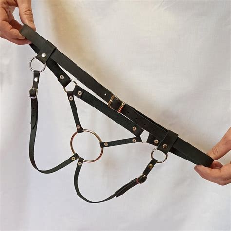 Black Leather Crotch Less Panties For Men Sexy Harness Panties With Ring Lingerie For Males