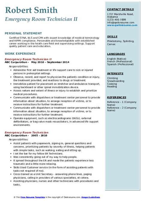 Emergency Room Technician Resume Samples | QwikResume