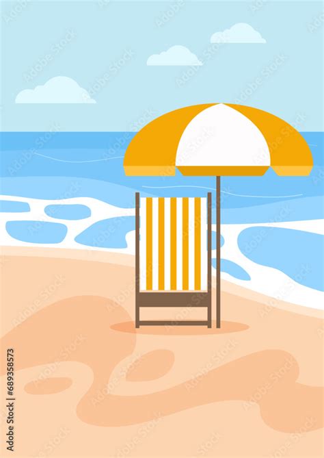 Beach Scene Concept Yellow Chair And Umbrella At Coastline Holiday And Vacation In Tropical