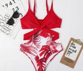 Leaf Print Swimsuit Female Sexy Cross Bandage Swimsuit Triangle One Piece Multicolor Bikini On
