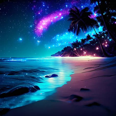 Tropical Beach At Night With Palm Trees And Starry Sky Generative AI