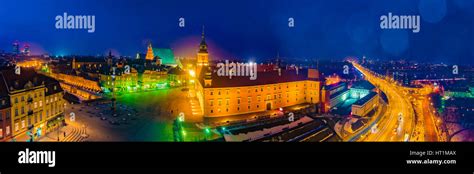 Night Panorama Of Royal Castle Old Town In Warsaw And Most Slasko