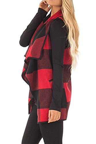 YACUN Women Buffalo Plaid Vest Lapel Open Front Sleeveless Cardigan