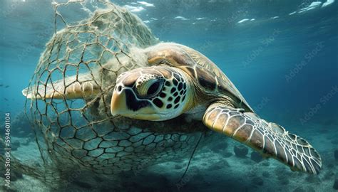 Turtles caught in nets, marine pollution, ecosystem threat. Generative AI technology. Stock ...