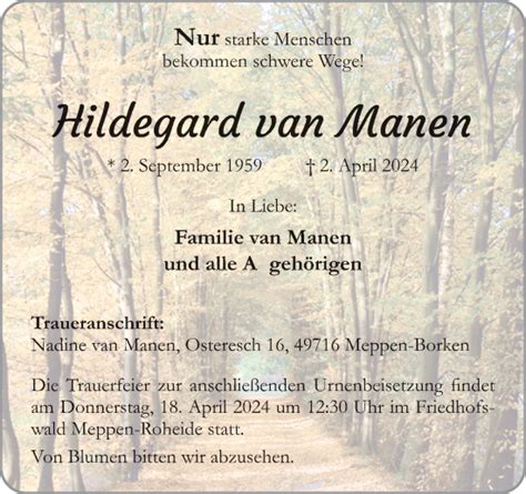 Traueranzeigen Von Hildegard Van Manen Noz Trauerportal