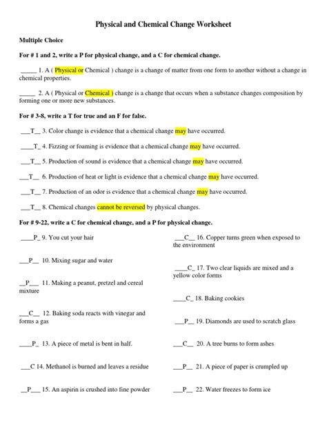 Physical And Chemical Change Worksheet Pdf Worksheets Library