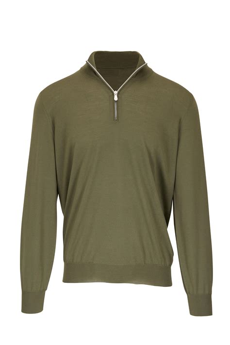 Brunello Cucinelli Olive Wool Cashmere Quarter Zip Pullover