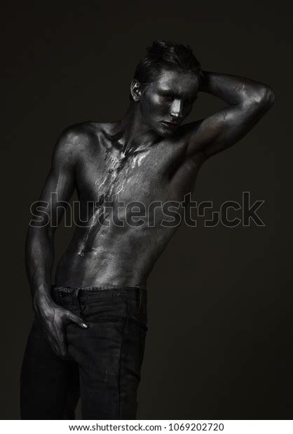 Man Nude Torso Covered Shimmering Silver Stock Photo 1069202720 Shutterstock