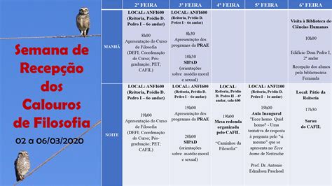 Semana de Recepção dos Calouros de Filosofia 02 a 06 03 2020 Setor