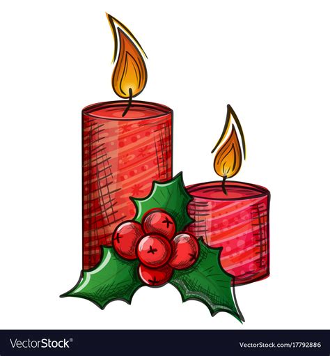 Colorful sketch of christmas candle and holly Vector Image