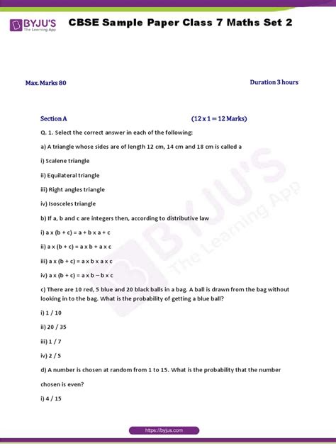 CBSE Sample Paper Class 7 Maths Set 2 | PDF | Triangle | Elementary ...