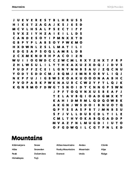 Free Printable Mountains Themed Word Search Puzzle Free Printable PDF