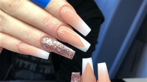 Nude Ombr And Glitter Long Acrylic Nails Youtube