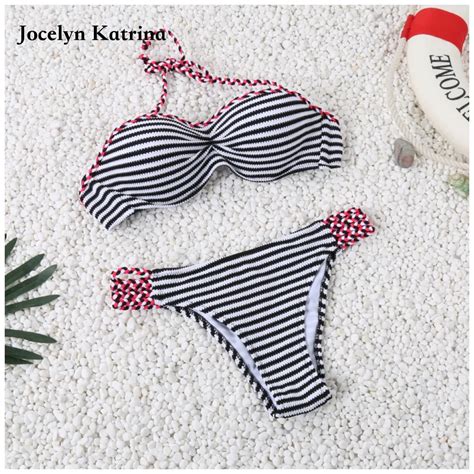 Striped Women Push Up Halter Bikinis Swimsuit Sexy Patchwork Retro Bikini Set Swimwear