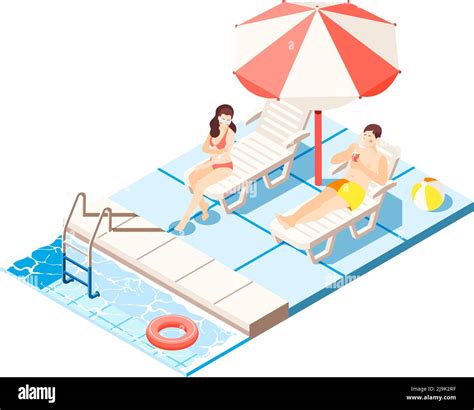 Waterpark Isometric Composition With Swimming Pool And Chaise Lounges