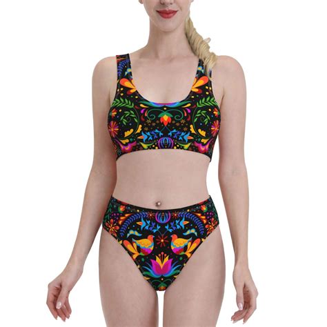 Adobk Mexican Flower Traditional Print Women High Waisted Bikini Set