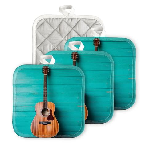 Bahomeck Heat Resistant Hot Pads Pack Acoustic Guitar Leaning Against Aqua Blue Wall Square