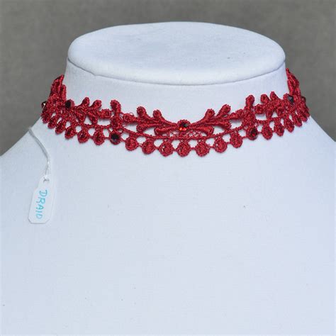 Red Lace Choker Necklace Wide Choker With Crystals Delicate Etsy