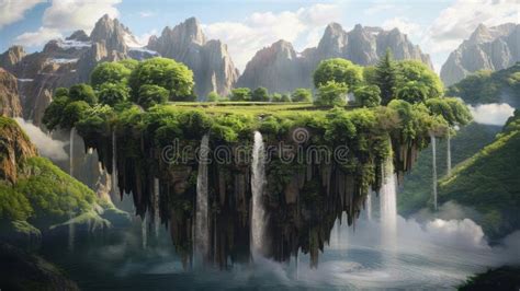 Floating Forest Island with Mountains and Waterfalls. Stock ...