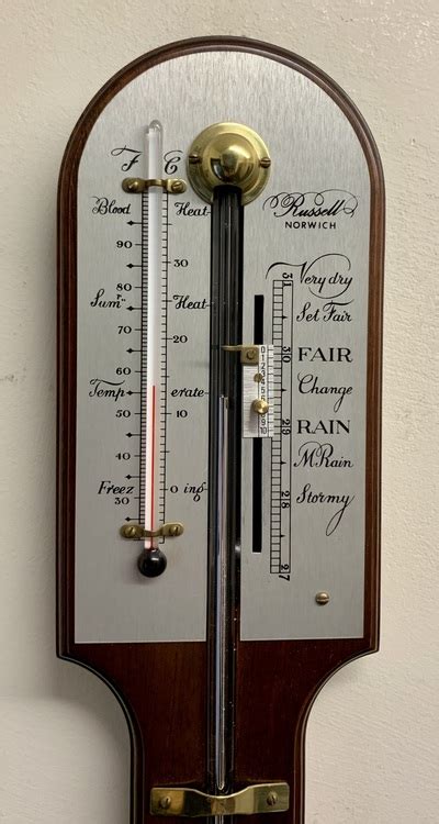 Reproduction Russell Norwich English Mahogany Mercury Stick Barometer