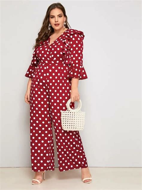 Shein Plus Surplice Neck Ruffle Trim Polka Dot Palazzo Jumpsuit Plus