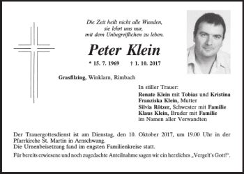 Traueranzeigen Von Peter Klein Mittelbayerische Trauer