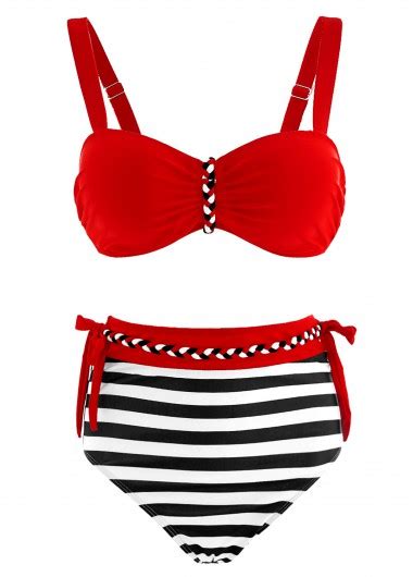 High Waisted Stripe Print Color Block Bikini Set Modlily USD 35 98